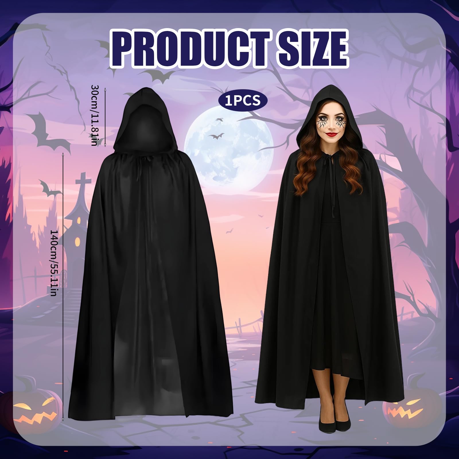 Traitors Cloak,140CM Black Cloak Ghostface Costume Black Cape Wizard Costume Adult Voldemort Cos Grim Reaper Vampire Witch Carnival Halloween Adult Wizard Cos - Image 2