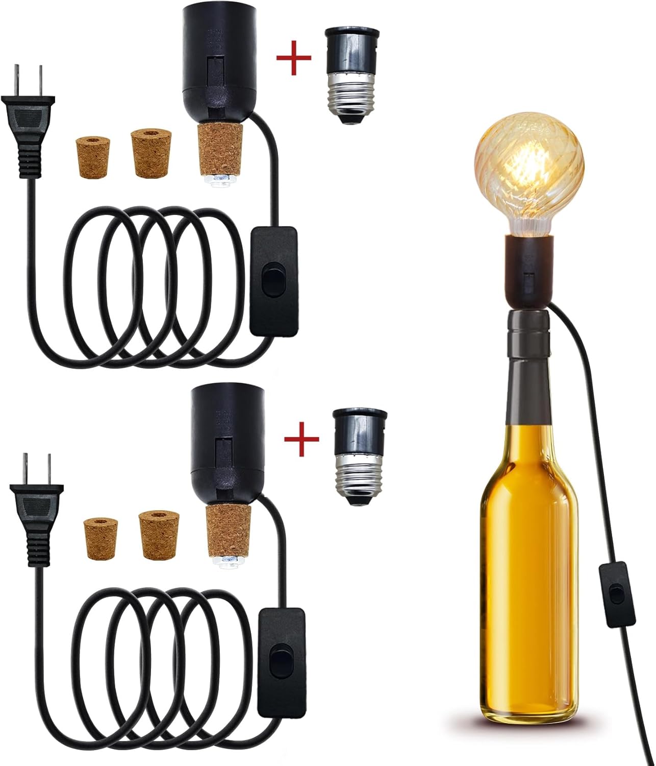 2 PCS Bottle Lamp Kit, DIY Wine Bottle Lamp for Liquor Bottle, Lamp Kits Do it Yourself Lamp Fittings Kit for Table Lamp Includes 3 Sizes of Stoppers and 2 E27 to B22 Adapter Converter