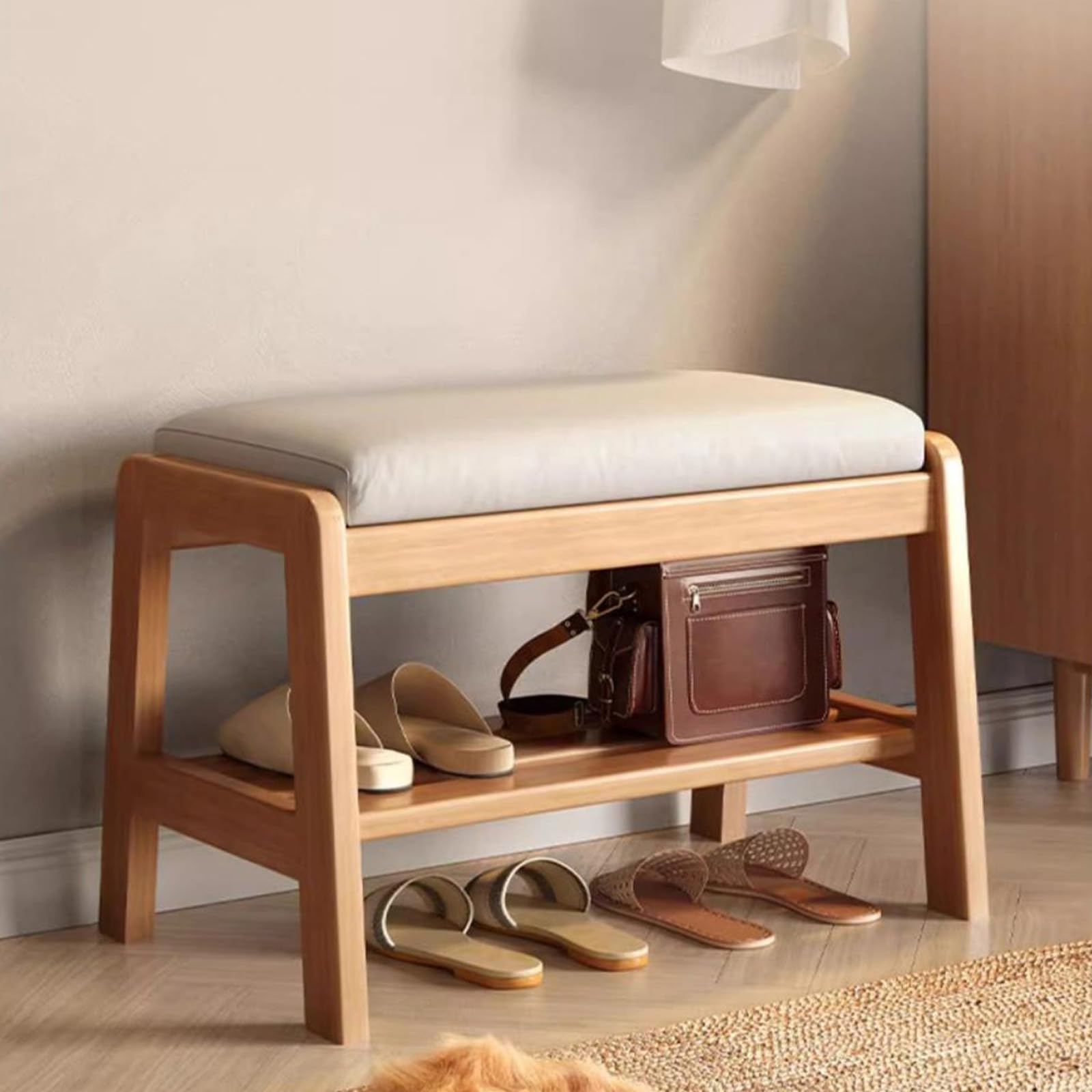 Banc étagère à chaussures en bois noble avec coussin élégant en cuir pour porte d'entrée