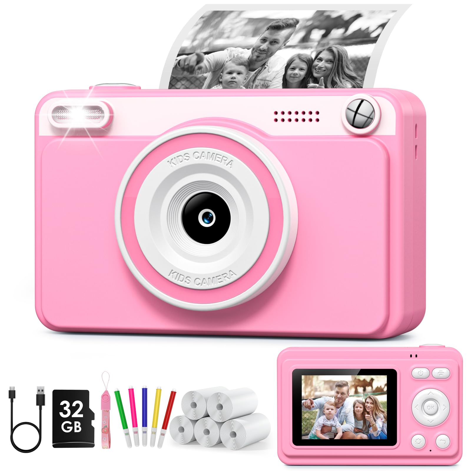 Macchina Fotografica Bambini Istantanea, 2.4" Schermo Fotocamera Istantanea con 32GB Scheda, 1080P Fotocamera Digital per Bambini, Giocattolo Regalo per Bambino da 3-14 Anni