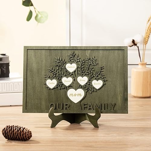 Vista 244 de Árbol genealógico con etiqueta de corazón, placas de madera grabadas personalizadas, regalos personalizados para madres, padres, escritorio, nombres