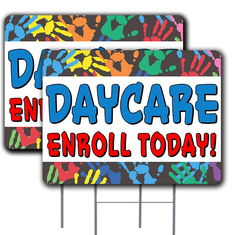 Vista Products DAYCARE Enroll Today 2 Pack Double-Sided Yard Signs 16" x 24" with Metal Stakes (Made in the USA)