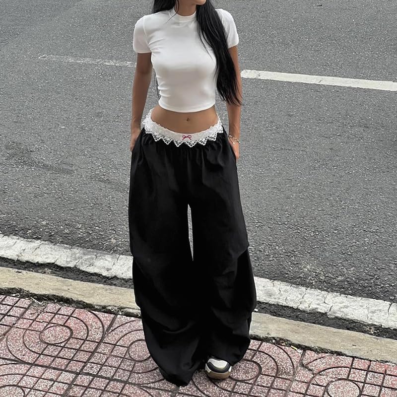 Cargo Pants for Women Y2K Low Waisted Wide Leg Fashion Streetwear Lace Casual Loose Thin Pants with Pockets2