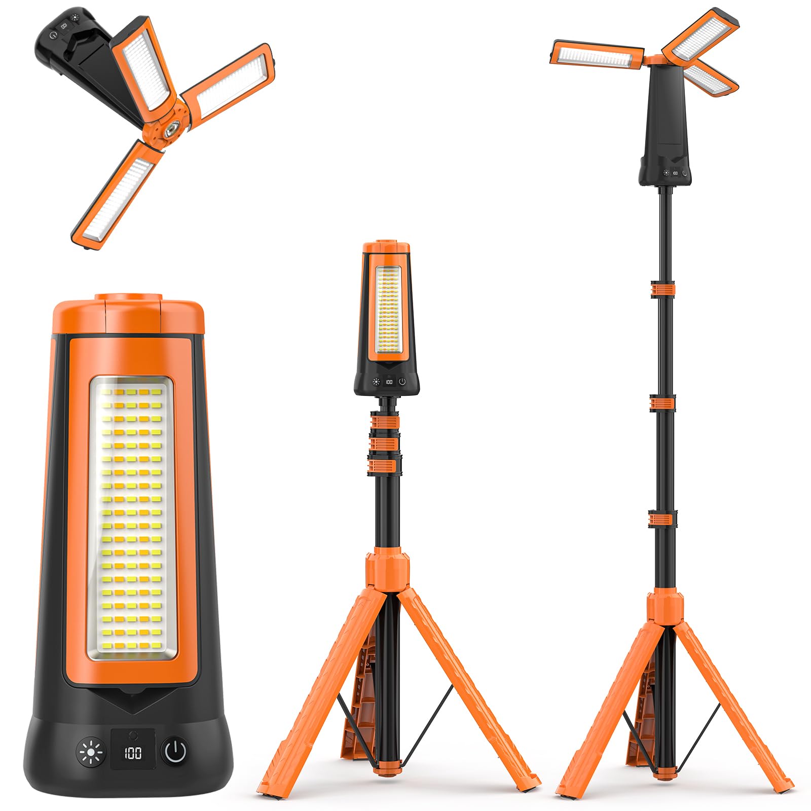 Adewalk 15000mAh Projecteur de Chantier LED Rechargeable avec Trépied, 5500LM Lampe de Camping à 3 Têtes, Étanche IP65, 5 Mode, Lampe de Travail Réglable pour Atelier, Garage, Construction(Orange)