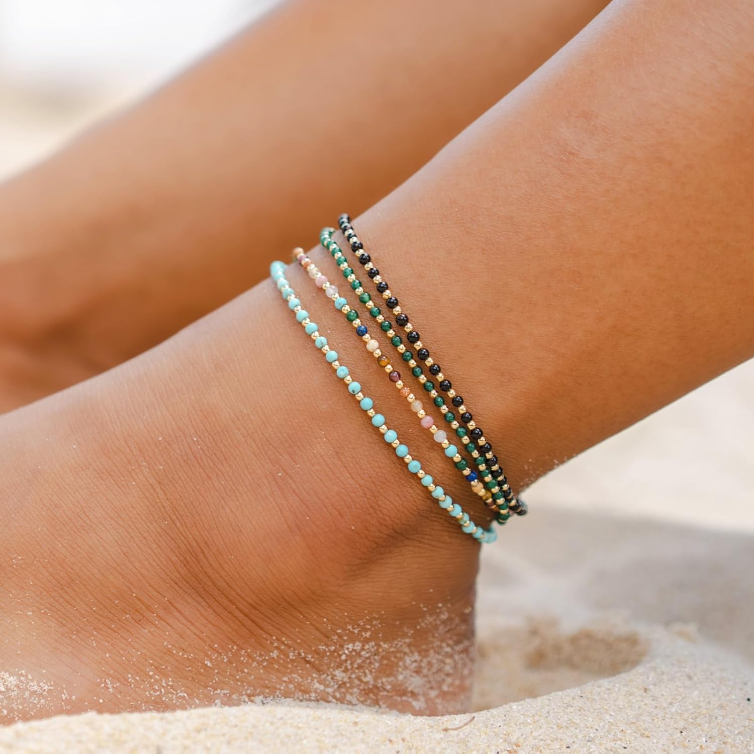 Lotus and Luna 2MM Master Healer Energy Chakra Healing Dainty Anklet Bracelet with Real Stones Jade, Pearl, Rose Quartz, Amethyst, Moonstone