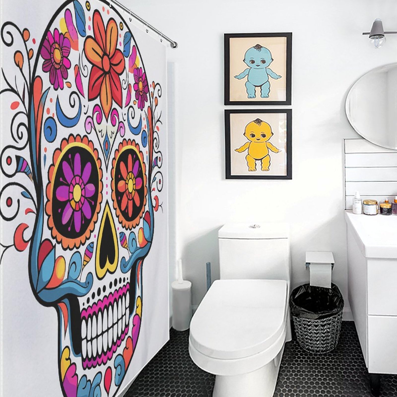 Rideau de douche tête de mort en tissu imperméable 183x183 cm avec 12 crochets pour salle de bain