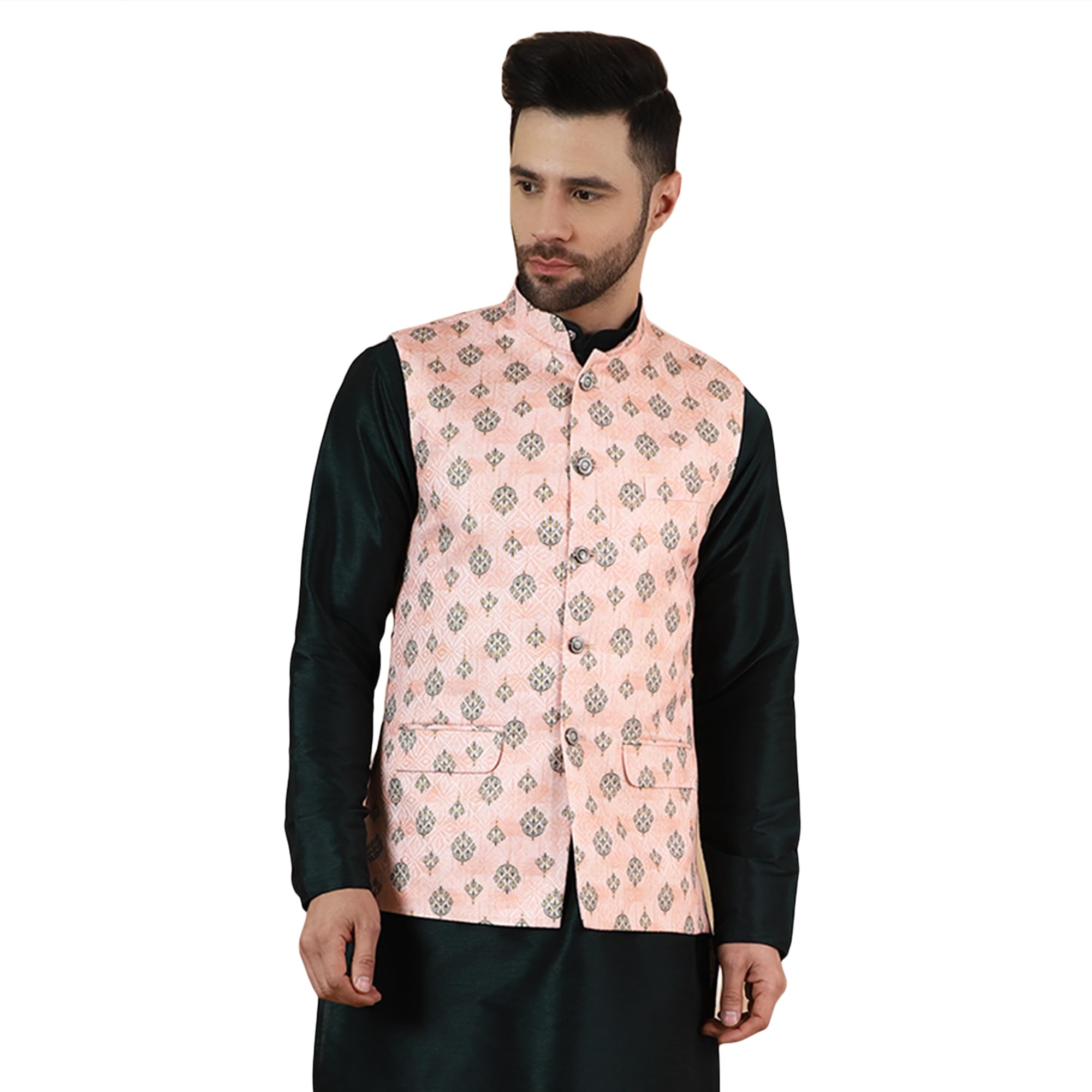 wintage Men's Digital Print Cotton Silk Pink Modi Nehru Jacket-picture-34