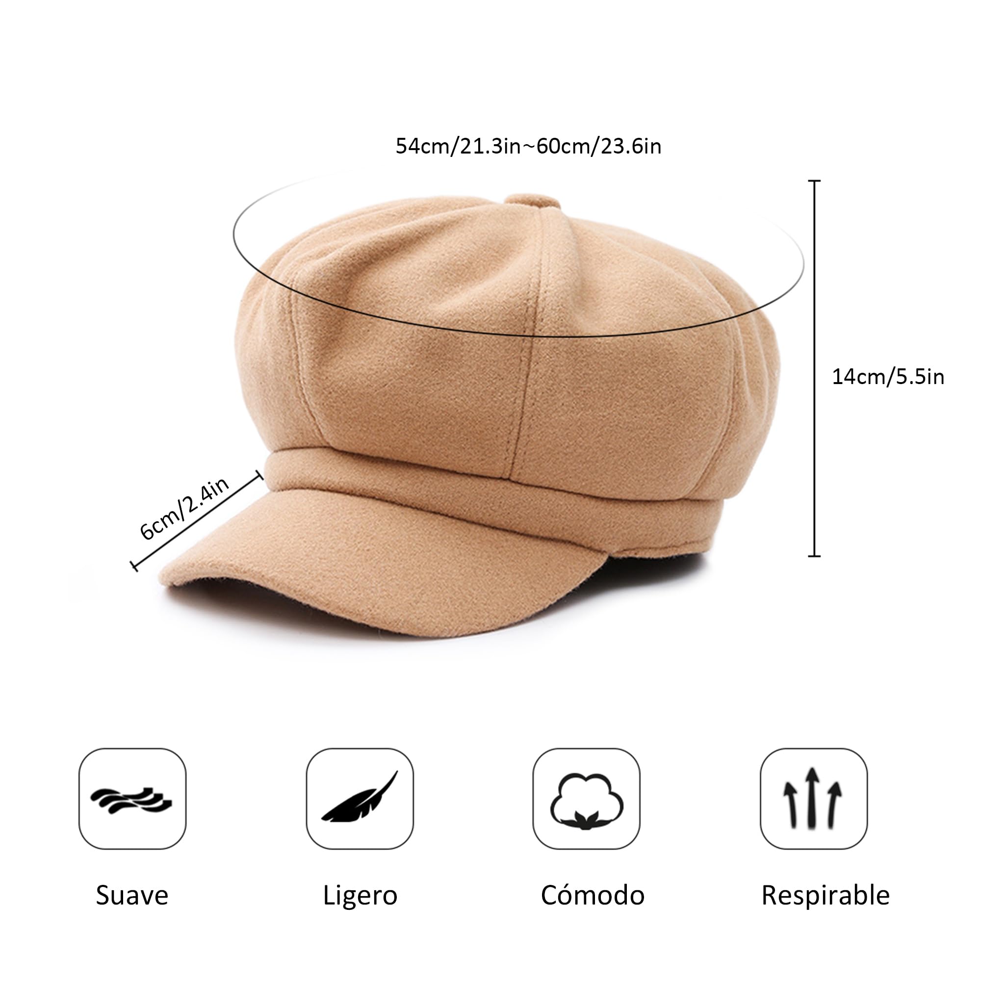 Elegante Mujer Gorra Boina Primavera Otoño Invierno Viajar Vacaciones Compras Ocio Beret Gorra de Boina Ajustable 54-60CM Cómodo Mujer Sombrero Octogonal