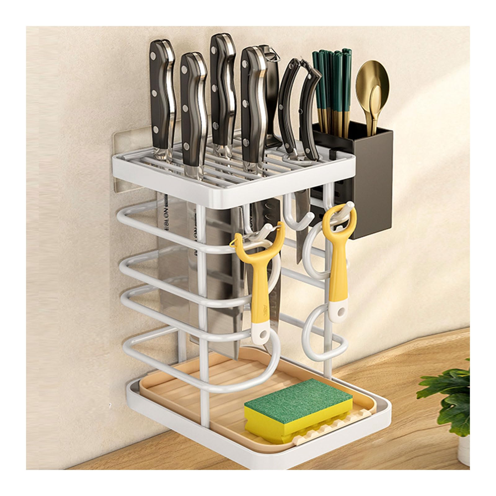 Dxcaicc Knife Block Holder,Kitchen Knife Organizer Storage,Carbon Steel Wire Countertop Organizer,Cookware Storage Stand Holder,Large Capacity Kitchen Tool Holder with Drip Tray,White