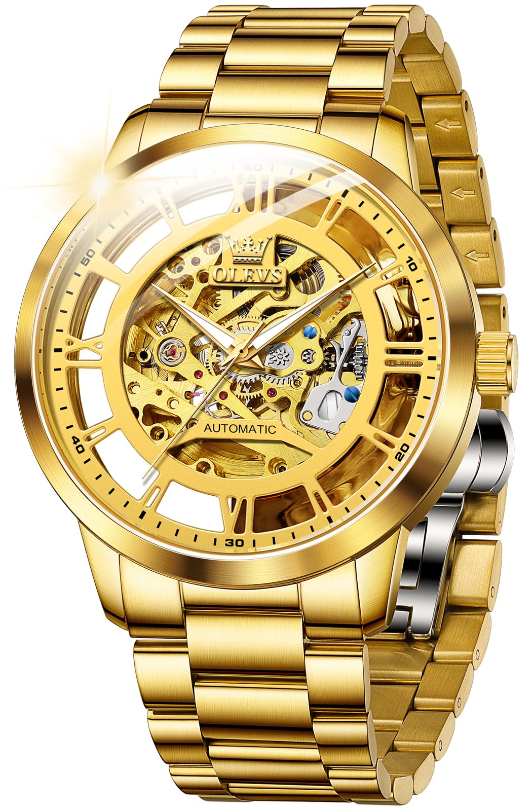 OLEVS Mens Automatic Watch Skeleton Diamond Luxury Mechanical Self Winding Dress Wrist Watch Waterproof Luminous