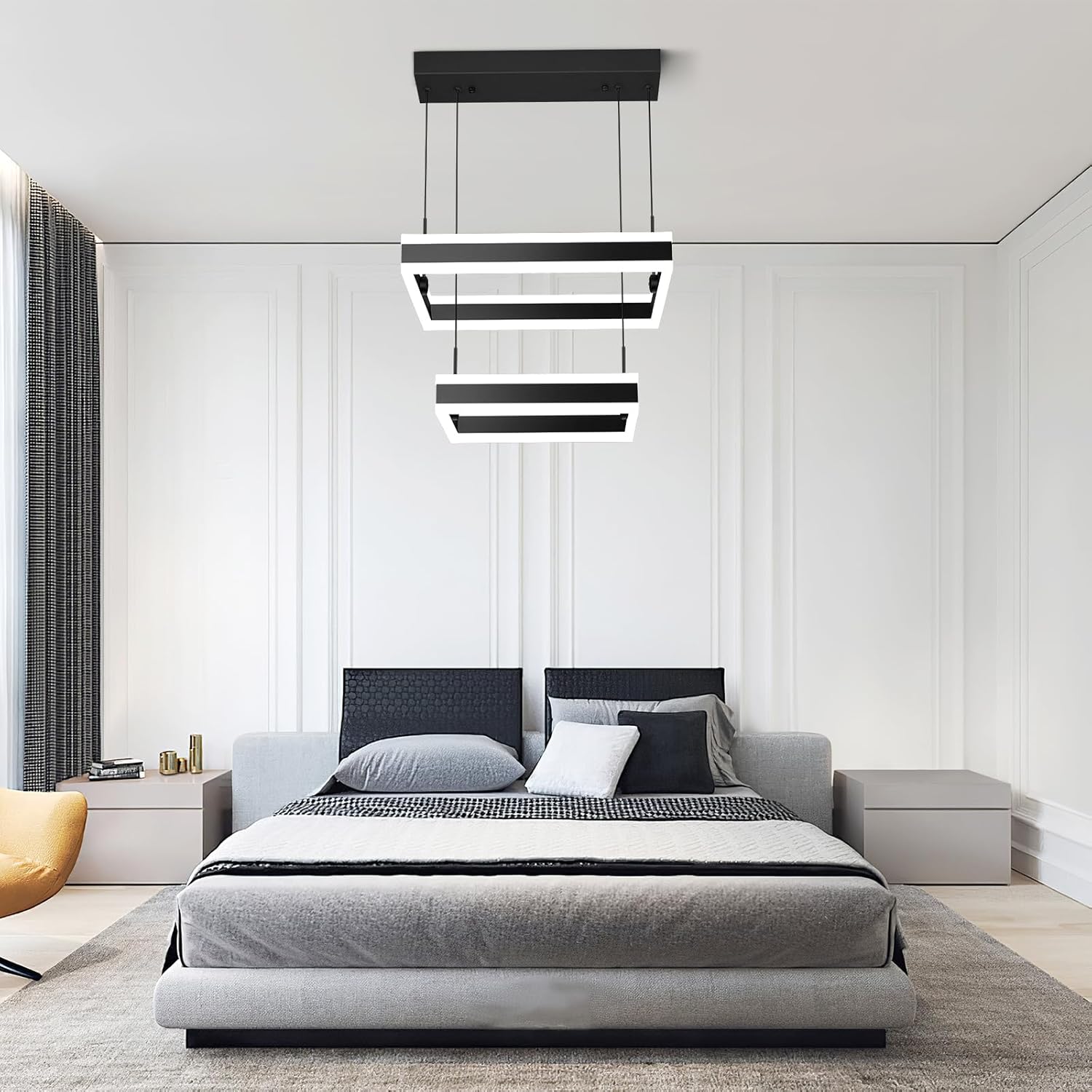 Modern Black Chandelier Foyer Ceiling Chandeliers 65W Dimmable LED Pendant Light Dining Room Light Fixture 2 Rings Square Chandelier for Kitchen Island Living Room Bedroom Hallway