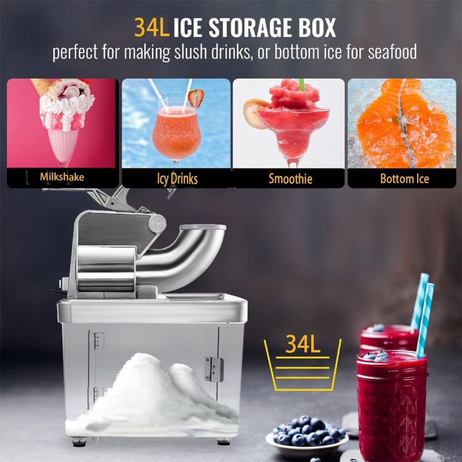Trituradora de hielo eléctrica con cuchillas dobles de acero inoxidable, caja de almacenamiento de 4,4 L, máquina for hacer conos de nieve, máquina for afeitar hielo for restaurantes, bares, fiestas e