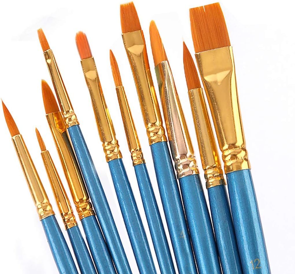 Elisel Paint Brush Set, 10 pcs Nylon Hair Art Paint Brushes for Acrylic Painting for Acrylic Oil Watercolor, Face Nail Art, Miniature Detailing and Rock Painting (Blue)
