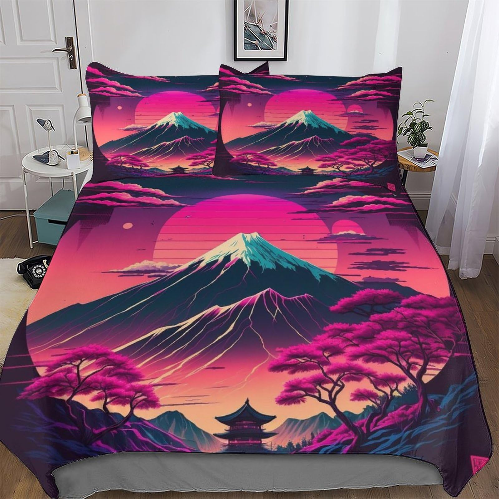 LLXXHH Japanese Cherry Blossoms Duvet Cover Set with Pillowcases Printed Bedding Set Comforter Cover 3 Pieces Soft Microfiber Quilt Cover Double (200x200cm)