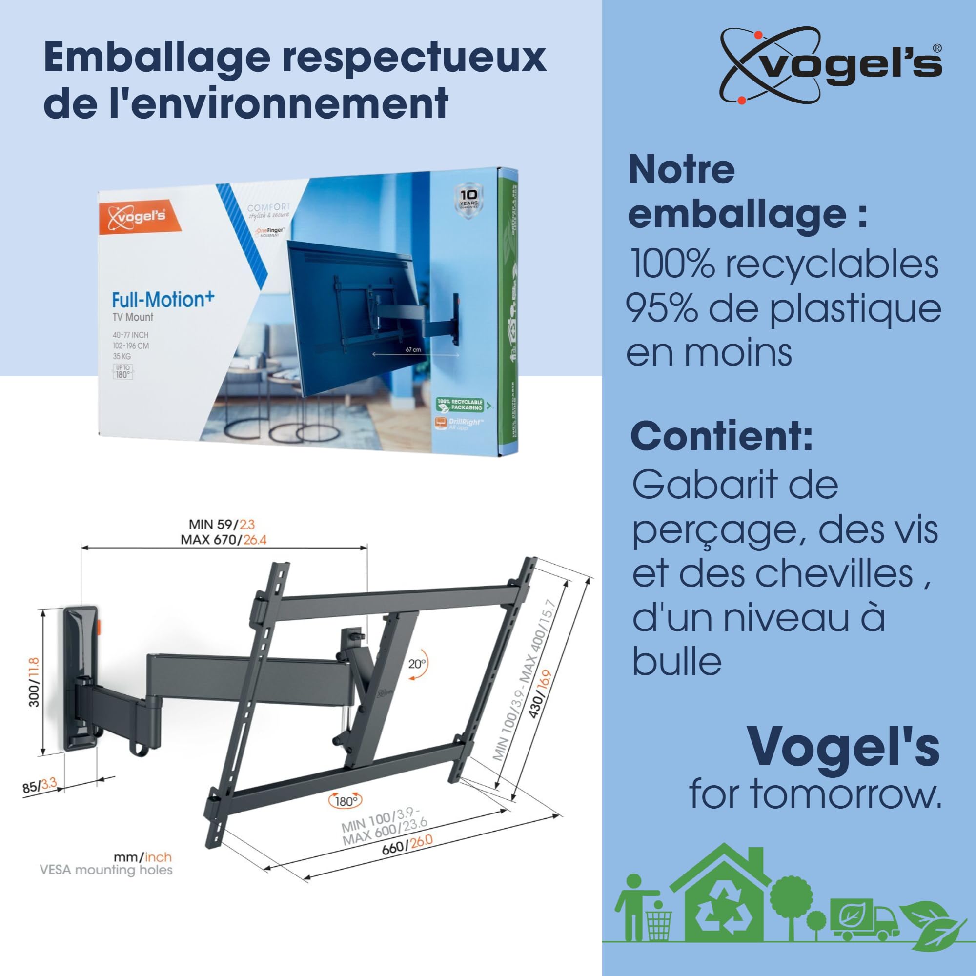 Vogel's TVM 3645 Support Mural pivotant pour TV de 40 à 77", Max. 35 kg, pivotant jusqu'à 180°, Support TV Full Motion Max. VESA 600 x 400, compatibilité Universelle Noir