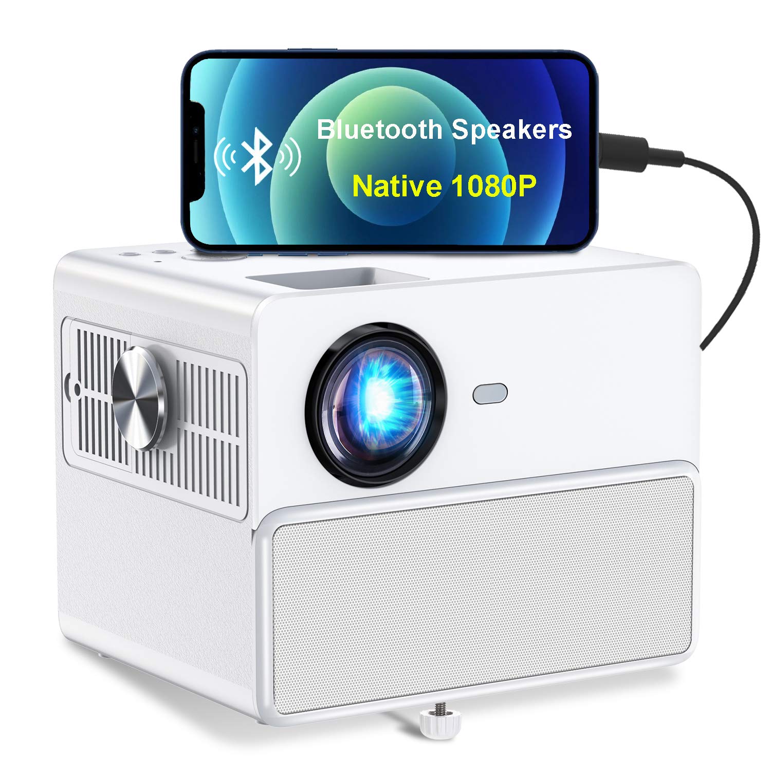 1080P HD Projector, Towond Portable HiFi Bluetooth Speaker Movie Projector, Native 4K 7500L Video Protectors Compatible with TV Stick HDMI VGA USB TF AV for Home Theater/Outdoor Cinema, Remote Control