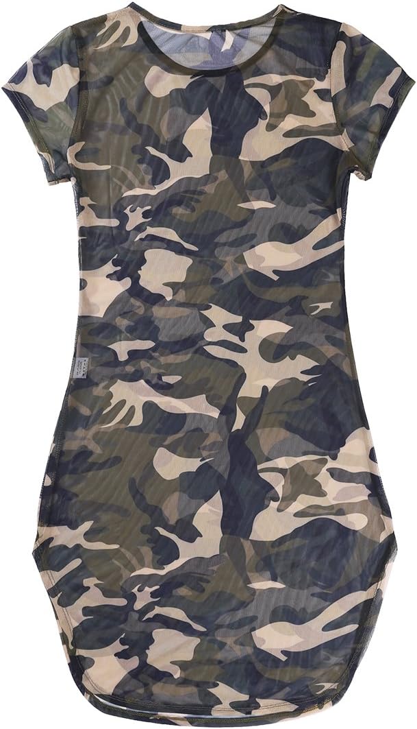 Hansber Womens One Piece Lingerie Mini Dress Camouflage Side Slit T-Shirt Sheer Mesh See Through Teddy Nightwear