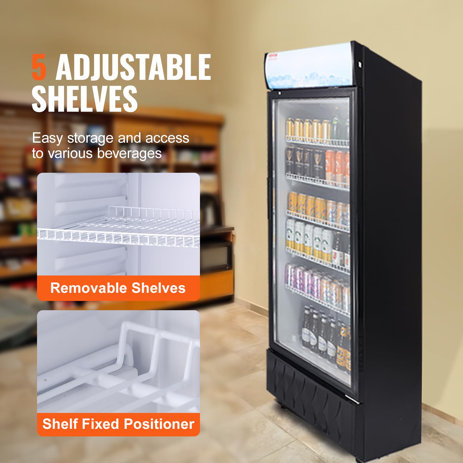 VEVOR Refrigerador de Bebidas Comercial 345 L Refrigerador Vitrina Temperatura 0-10 °C Gabinete de Bebidas Refrigerado 5 Estantes Ajustables y Caja de Luz Personalizable para Tienda Supermercado Bar