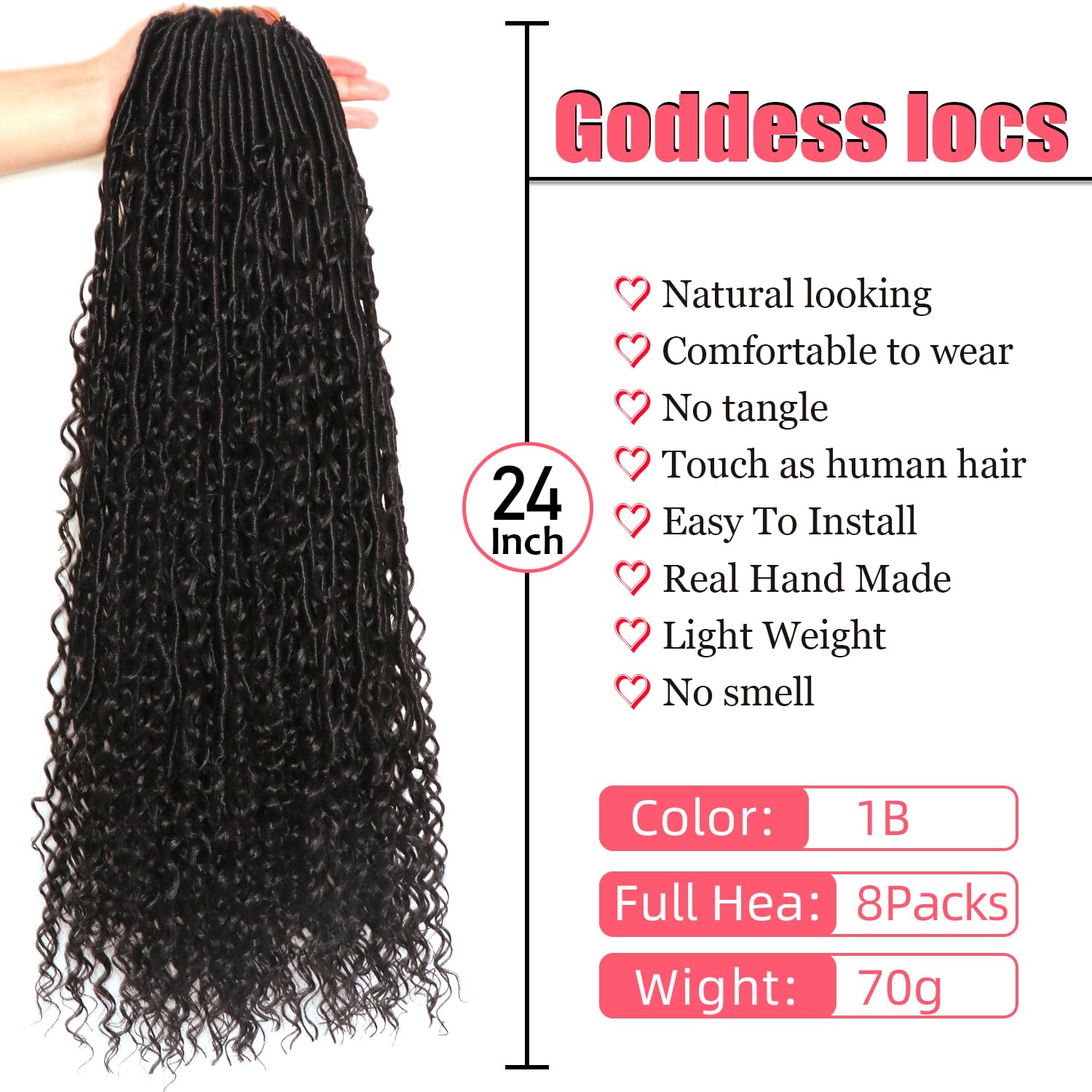 Goddess Locs Crochet Hair, Soft Pre-Looped Synthetic Faux Locs, 8 Packs