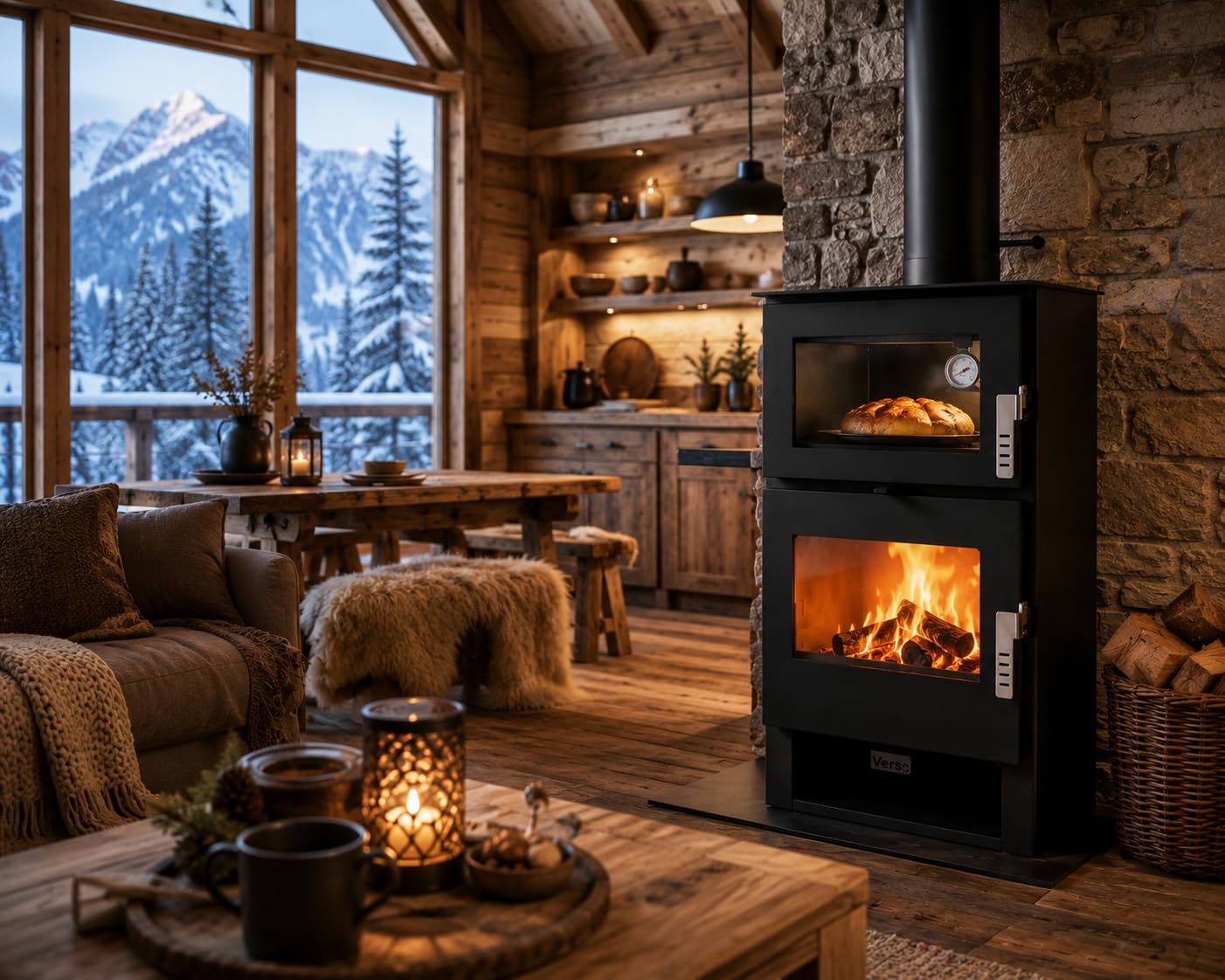 Verso F - Estufa de leña con estufa de acero inoxidable de 9 kW, 81,2% de alta eficiencia, chimenea de cocina y calefacción, horno de acero inoxidable con termómetro, placa superior de acero (sin