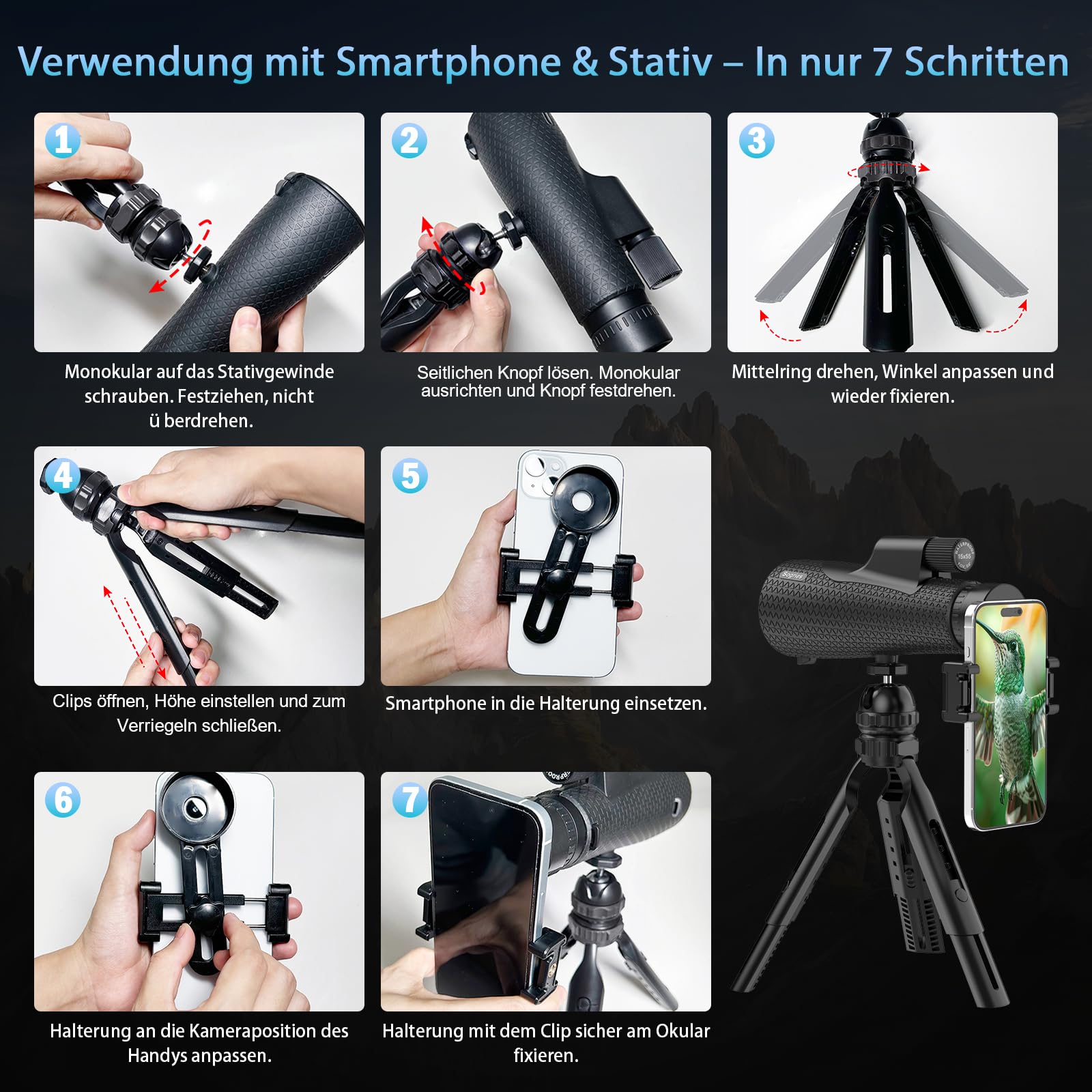 Sogries 15x55 Monokular Fernglas HD mit BAK4 Prisma & FMC Linse, Spritzwassergeschütztes Fernrohr inkl. Höhenverstellbarem 360° Stativ & Handyadapter für Vogelbeobachtung, Wandern & Reisen