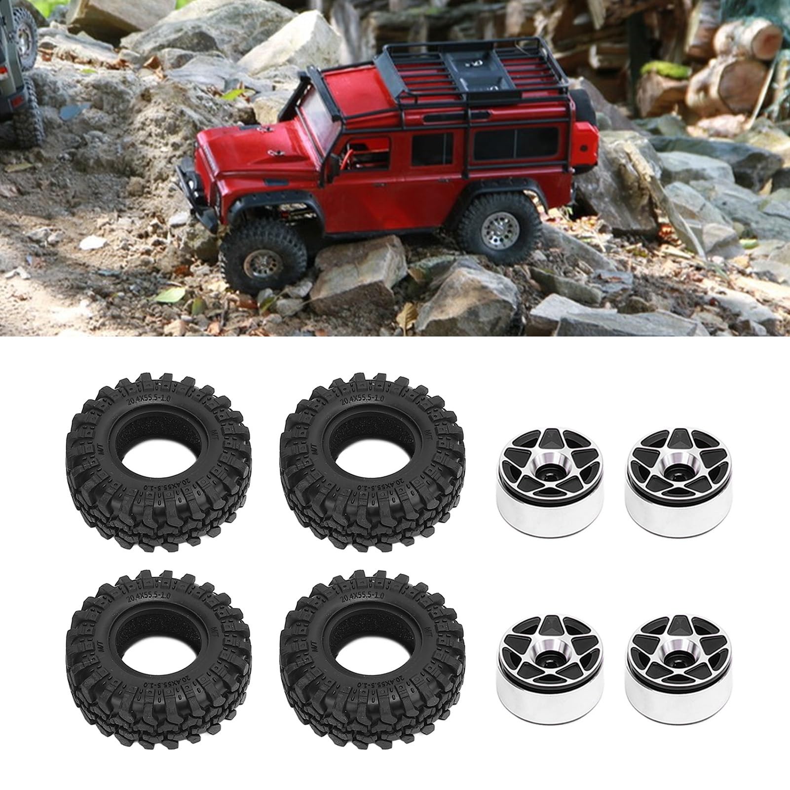 1,0 Cerchi in Lega in Lega di Alluminio con Pneumatici a Ruota a cingoli in Gomma Morbida a 5 Stelle per Il Terreno Fuoristrada assiale 1/24 rc Crawler Fuoristrada (Nero)