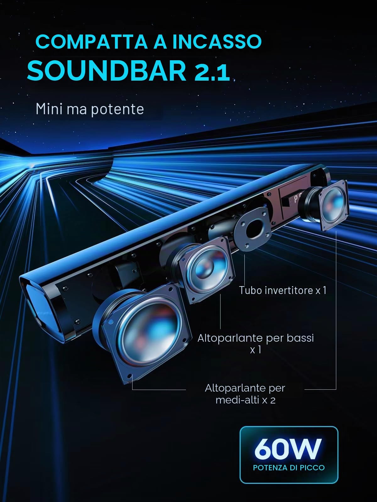 Soundbar TV con Subwoofer Integrato, 2.1ch Soundbar PC Mini, 60W Casse TV Sound Bar Compatta, Home Theater con USB Digital Audio/BT5.4/Ottico/AUX, Voice Enhance 3 EQ, Montaggio a Parete
