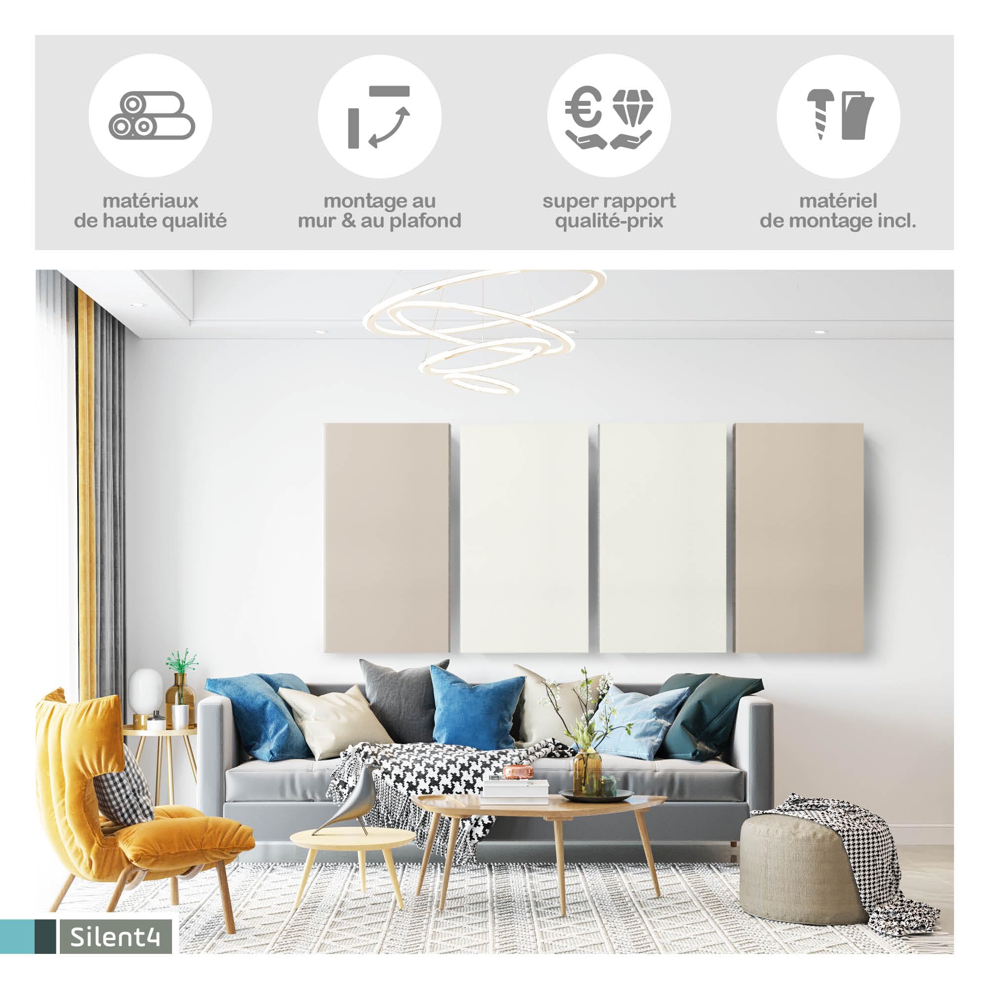 SILENT4® Absorbeur acoustique mur & plafond 120x60x5cm, montage par vis, acoustique améliorée prouvée par panneau acoustique avec revêtement en tissu gris foncé