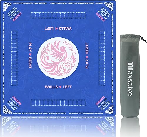 Mahjong Mat, 31.5" x 31.5" Neoprene Mahjong Table Mat with Rules, Anti Slip & Noise Reduction Gaming Mat for Poker, Card, Dominoes, Board & Tile Games, Mahjong Gift with Carrying Bag - Blue