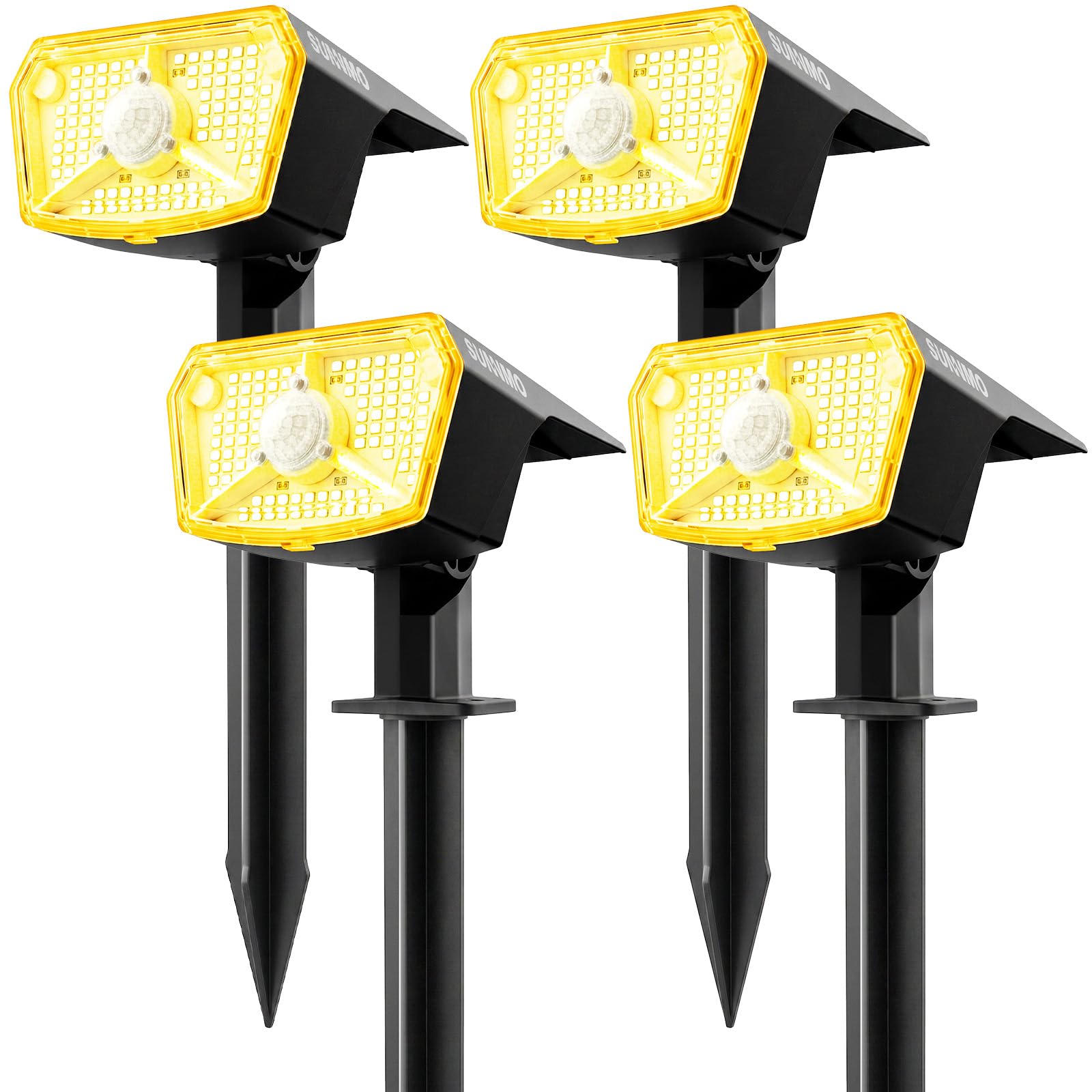 Solarlampen für Außen mit Bewegungsmelder, Solarleuchten Garten 104 LED 3Modi Wetterfest IP65 Wasserdicht, Solar Gartenleuchten Solarstrahler für Außen Garten sehr Hell Warmweiß 3000K, 4 Stück