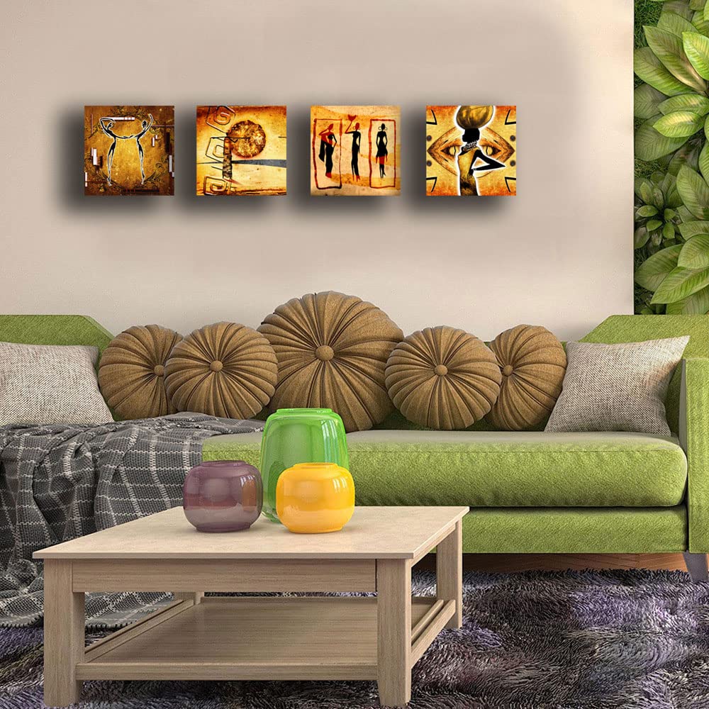 Quadri Moderni ETNICO 4 pezzi arte africa africana Sole Stampa su Tela Canvas Arredamento Astratto XXL Arredo soggiorno salotto camera da letto cucina ufficio bar ristorante (4 pezzi 30x30 cm cad.)