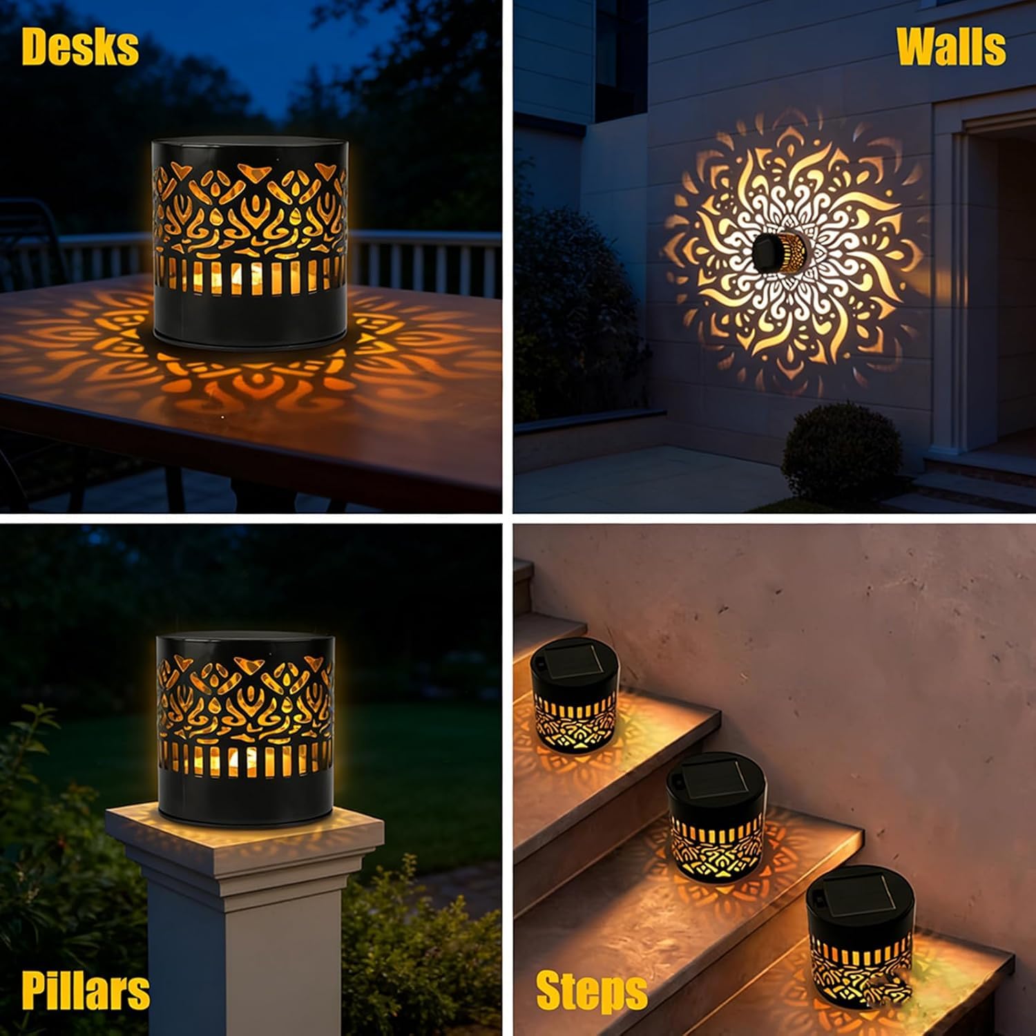 Pealeaf Luci solari mandala decorative, lampade esterne in metallo per terrazza, gradini, muro, recinzione, giardino e vialetto, impermeabili (4PCS)