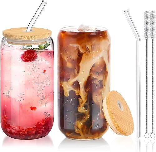 Vista 10 de Vasos de vidrio con tapas y pajitas, 1 paquete, tazas de café de vidrio, taza de vidrio con tapa para café helado, batido, cóctel, cerveza, whisky