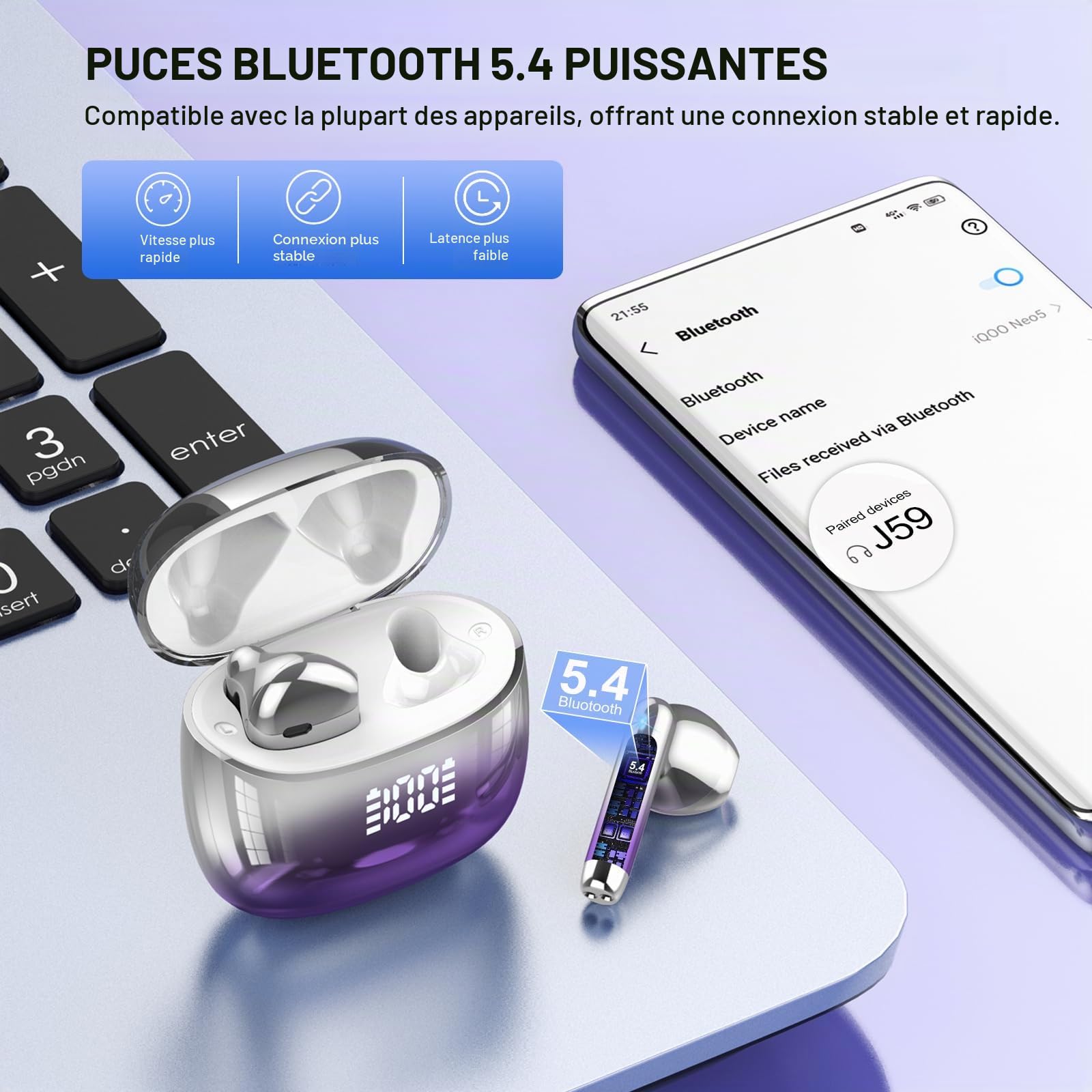 Ecouteurs Bluetooth Sans fil, Écouteurs Bluetooth 5.4, Oreillette Bluetooth HiFi Stéréo avec 4 ENC Mic, Casque Bluetooth Sans fil avec Écran LED, 40H, Étanche IP7 Écouteur, Contrôle Tactile, Violet