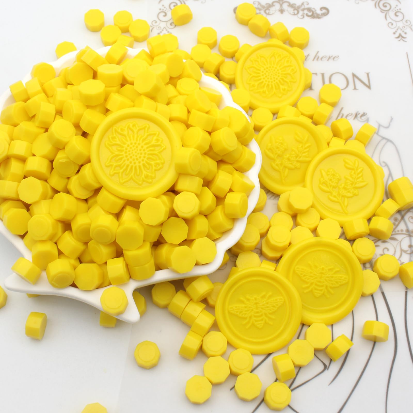 360pcs Yellow Sealing Wax Beads, Andotopee Premium Wax Seal Beads for Stamp Seals, Octagon Wax Sealing Pellets Refill Pack for Wax Seal Kit, Wedding Invitation, Letter Envelope Seal, DIY Crafts