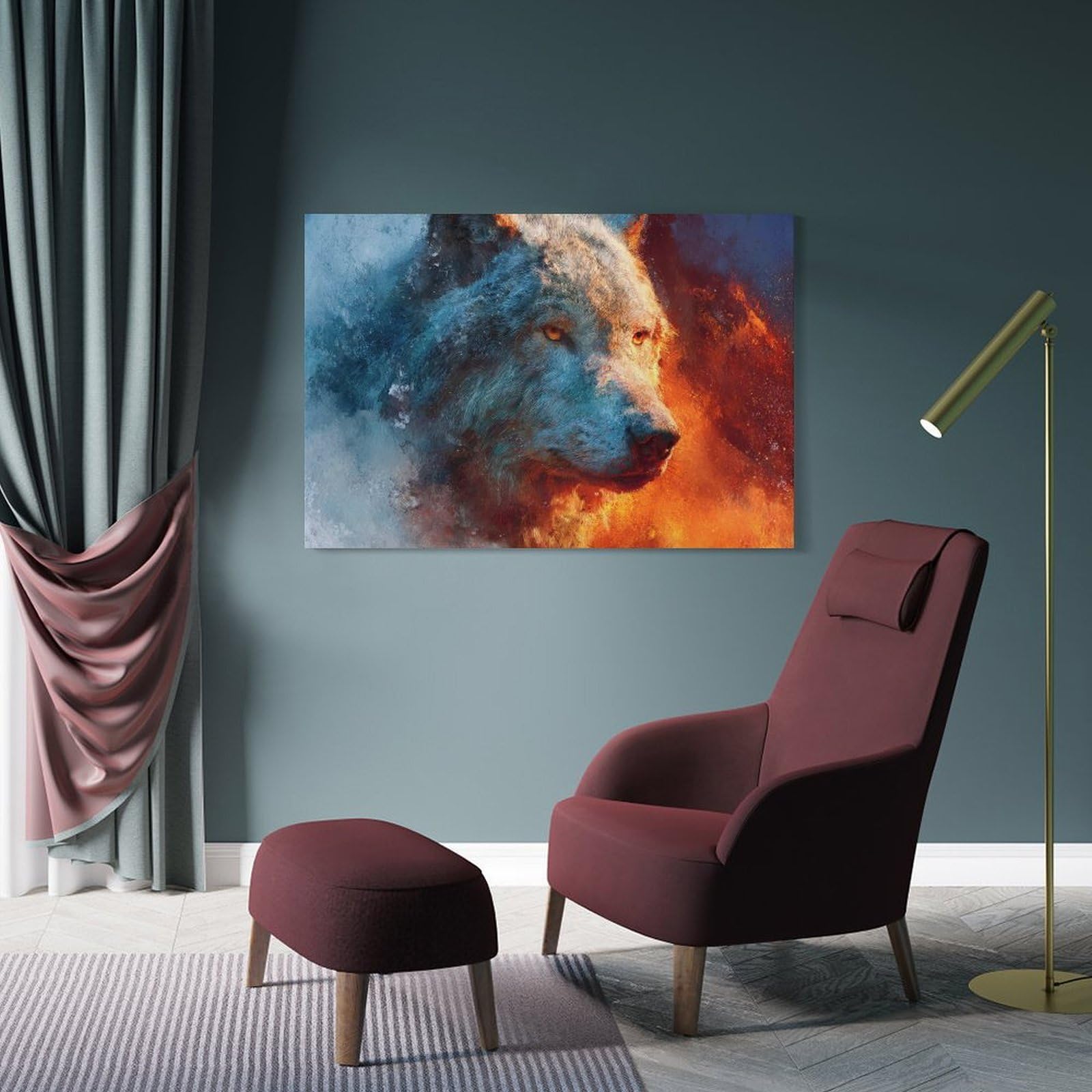 Junmoney Frame-Style-21 Wolf Portrait Fire And Ice Canvas Wall Art 12X18inch(30X45cm), For Wall Displays, Bedrooms Or Room Updates, Ideal For Building A Coordinated Art Wall