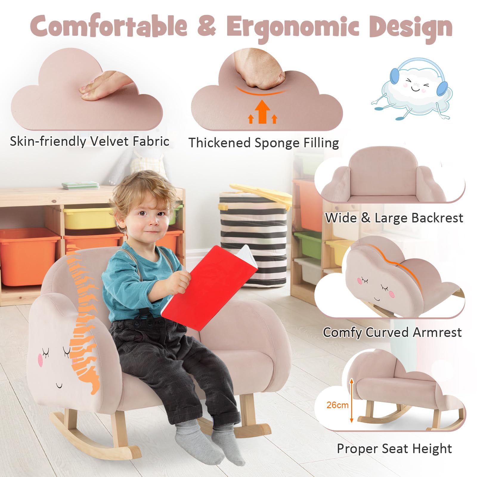 GOPLUS Fauteuil à Bascule Enfant, Fauteuil Rembourré en Éponge avec Pieds en Bois Massif & Patins Antidérapants, Chaise à Bascule en Velours avec Accoudoirs, Cadeau pour Enfants 3-5 Ans, Rose