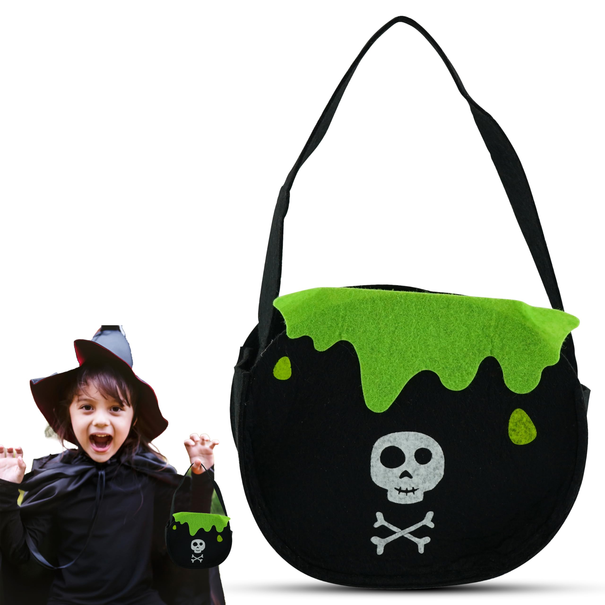 SRV Hub Halloween Witch Cauldron for Kids Candy Bowl | Halloween Big Cauldron Bucket| Black Felt Witch Pot with Handle for Kids Adult 4+Y Size-27cm