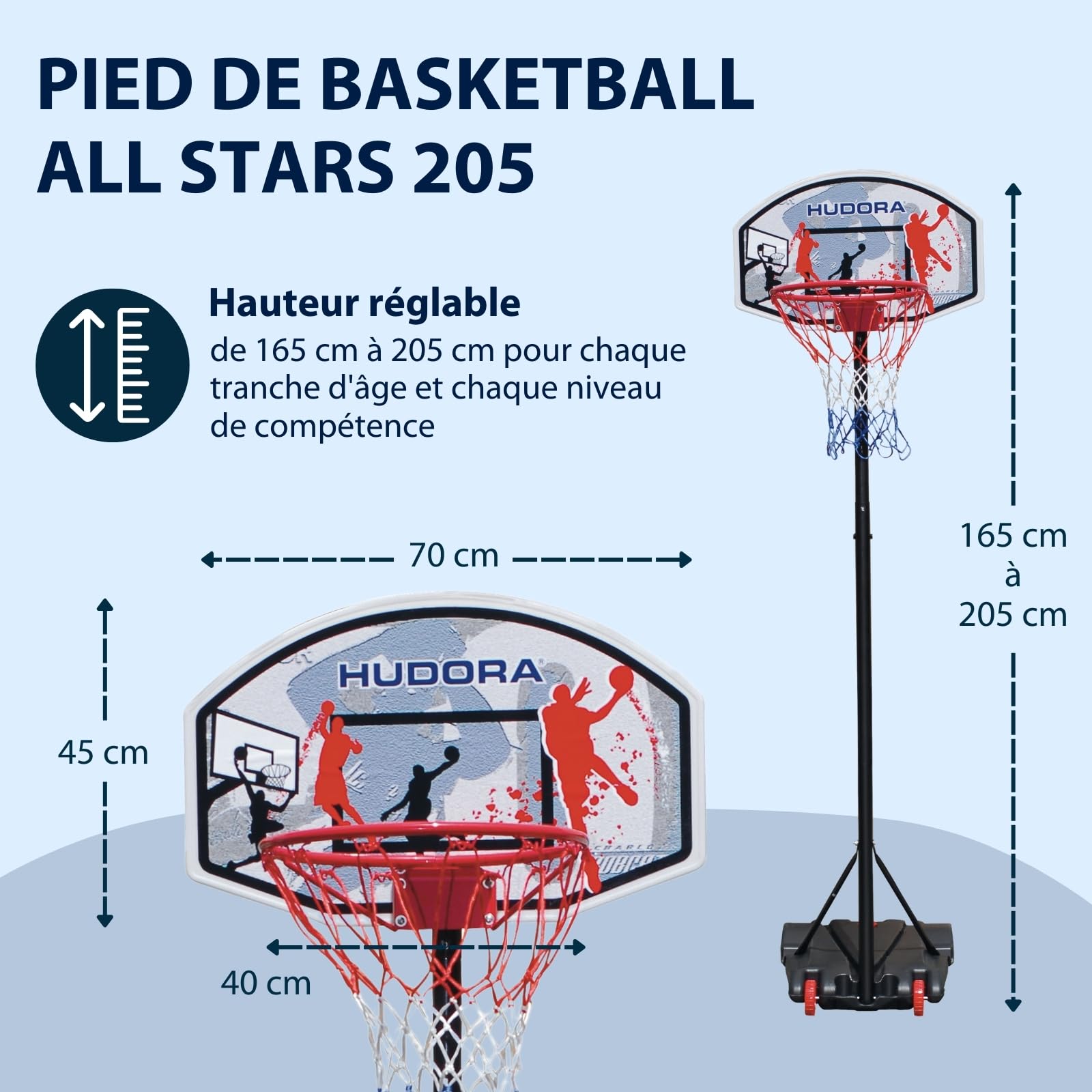 HUDORA Basketballsänder All Stars 205 - Basketballkorb Höhenverstellbar, sicher, langlebig - Mobil Basketball Spielen - Maximaler Ballsport-Spaß