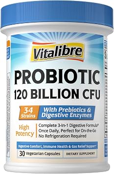 Vitalibre Probiotics for Women and Men, 120 Billion CFU 34 Strains, with Digestive Enzymes & Prebiotics, No Gluten, Gut Health, Digestive Health, Bloat Relief, 30 Vegetarian Capsules