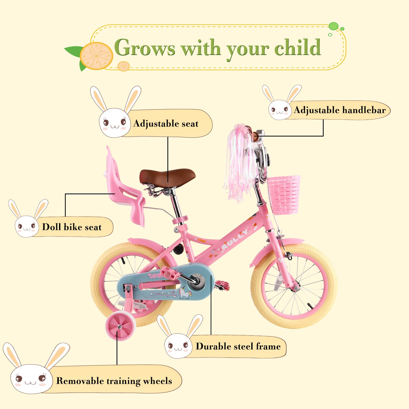 Vélo Enfant 12 14 16 Pouces RULLY Filles 2-7 Ans Roulettes Frein Panier