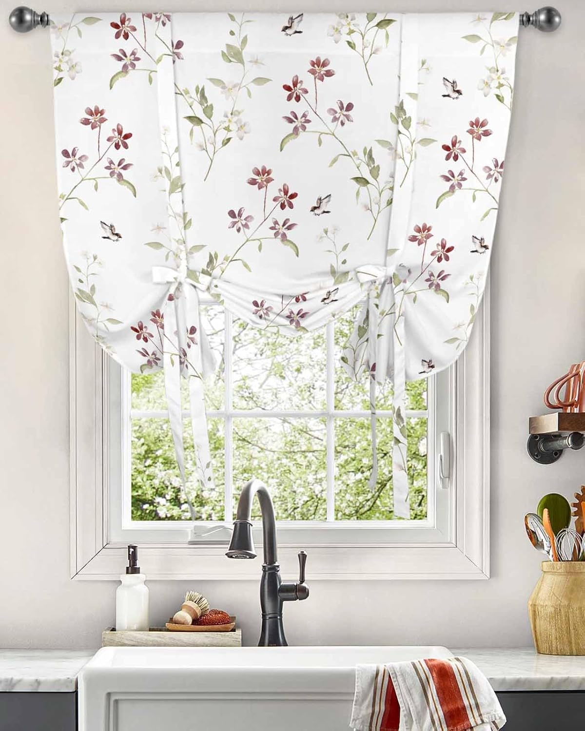 Yukro Tie Up Curtains Window Shades, Spring Summer Watercolor Flowers with Leaves Rod Pocket Tie Up Window Shade, Adjustable Balloon Curtain Shade for Blinds Kitchen Bathroom, 1 Panel, 52"x63"
