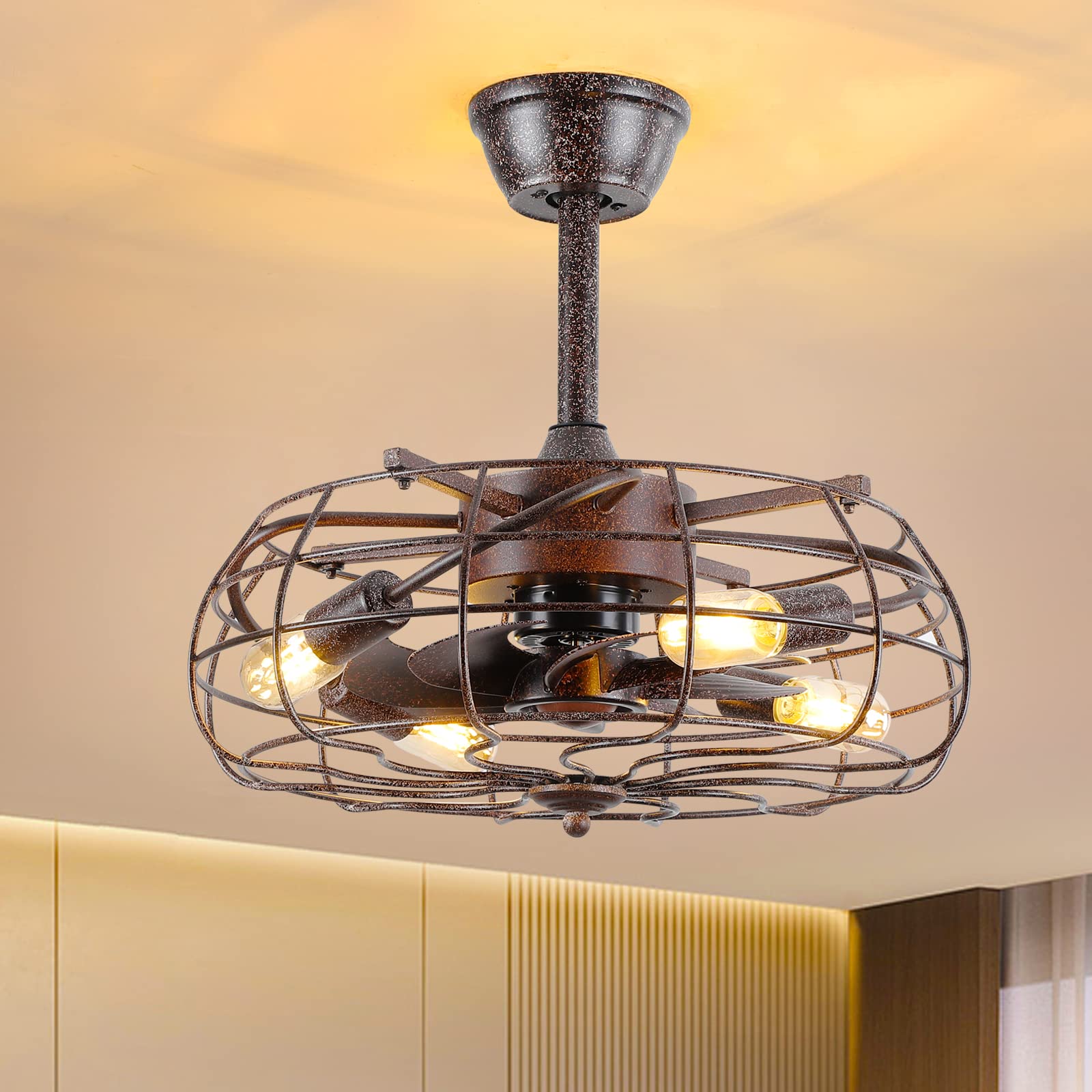 Mpayel Farmhouse Ceiling Fan with Light and Remote Control, Caged