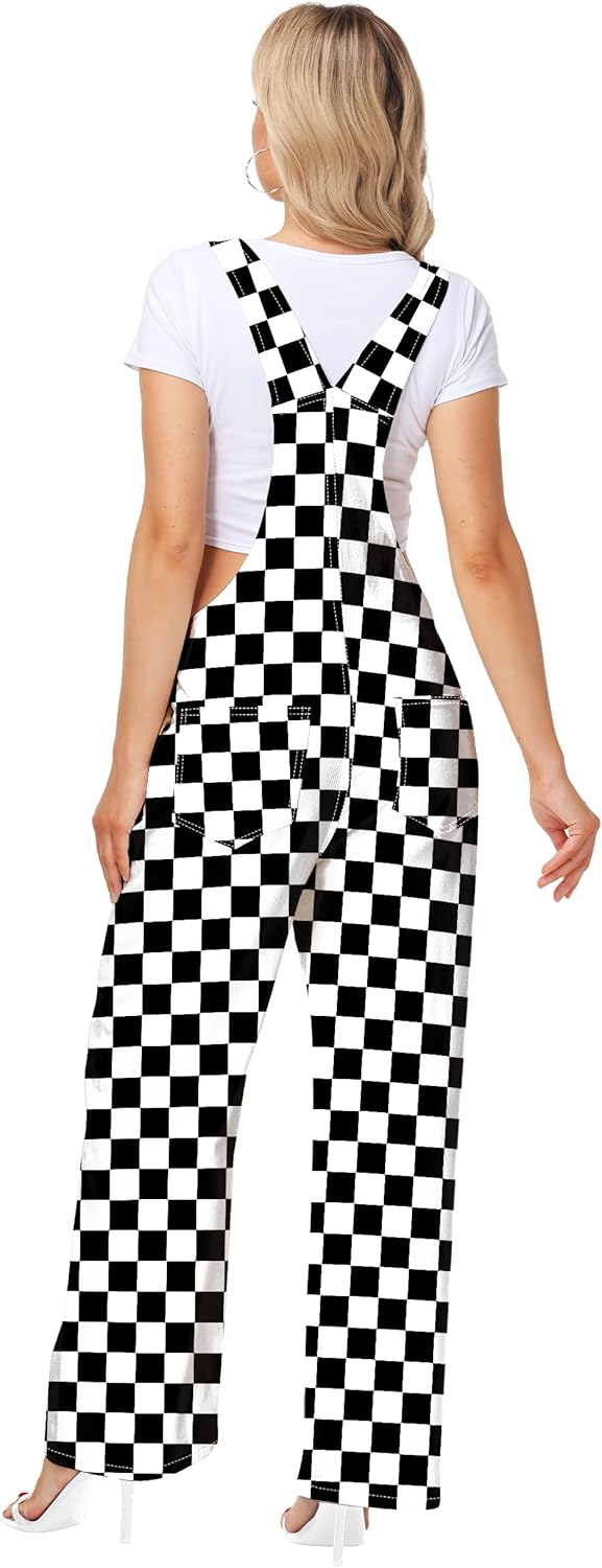 Womens Checkered Denim Bib Overalls Wide Leg Plaid Jean Pants with Pockets