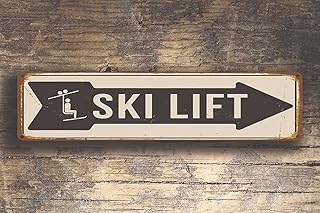 Ski Lift Tin Sign, Ski Lift Signs, Vintage Style Ski Lift Sign, Ski Signs, Skier Signs, Ski Decor, Directional Ski Lift Sign, Ski Art, Ski Decor 15.8 x 3.94 Inch