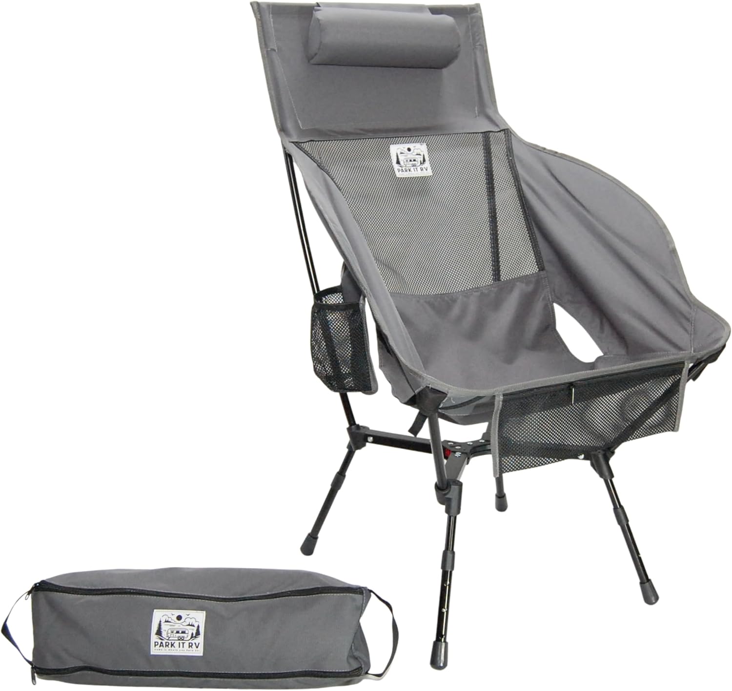 RV Camping or Beach Chair Small Collapsible Folding Compact Design with Adjustable Legs, Removable Head Cushion and Carrying Strap (Dark Gray)