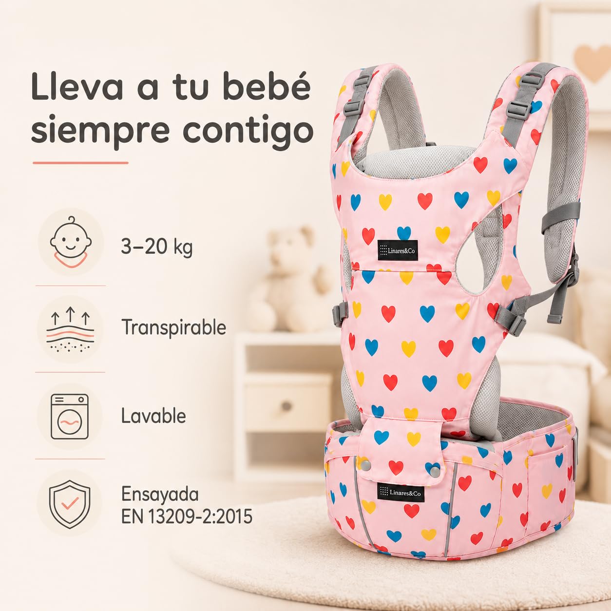 Linares&Co Mochila Portabebés Ergonómica 3-20 kg, Mochila de Porteo Bebé Ligera y Transpirable, Postura en M, Hebillas Clic, Lavable, Color Rosa