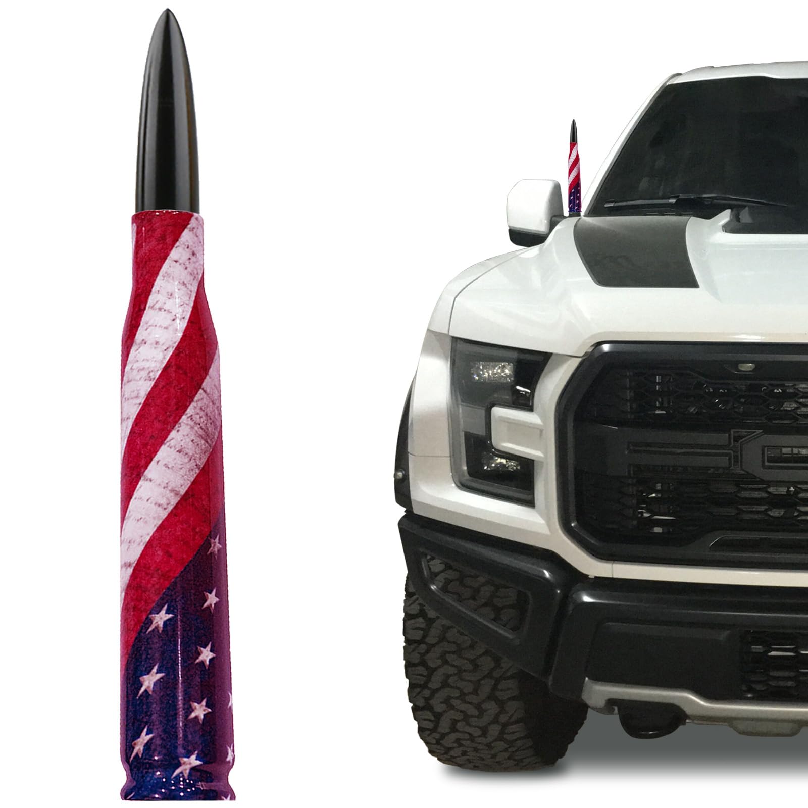 Car Truck Antenna with Tire Stem Caps American Flag Anti-Theft Design, Universal Short Replacement for Ford F150 F250 F350 Raptor Dodge RAM GMC Sierra Chevy Silverado 1500 2500 3500, Black