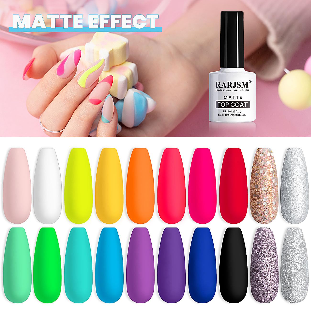 RARJSM 23 Pcs Gel Nail Polish Set, Pastel Nail Gel Kit Spring Summer Neon Green Yellow Black Glitter White Pink Blue Collection with Classic Colors LED UV Curing Gel Polish Nail Kit 5ml