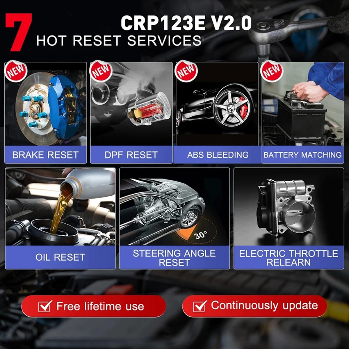 X431 CRP123E V2.0/CRR123I - Herramientas de diagnóstico OBD2 para coche, escáner OBD automático, ABS SRS, motor AT+ 7, servicio de reinicio gratuito